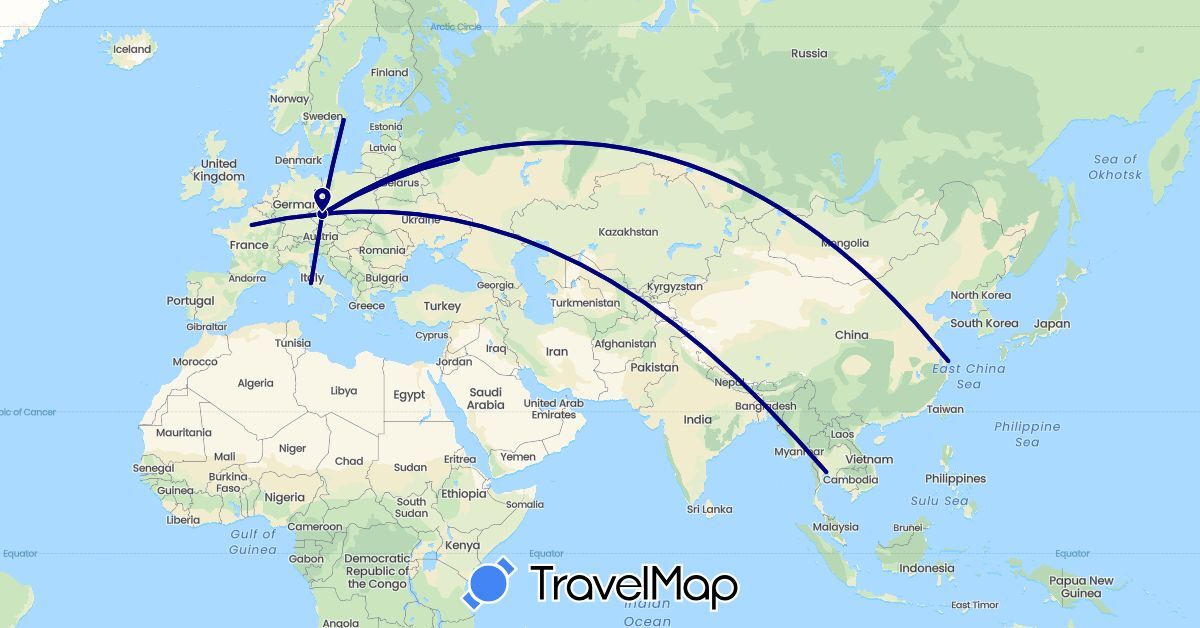 TravelMap itinerary: driving in China, Czech Republic, Germany, France, Italy, Russia, Sweden, Thailand (Asia, Europe)